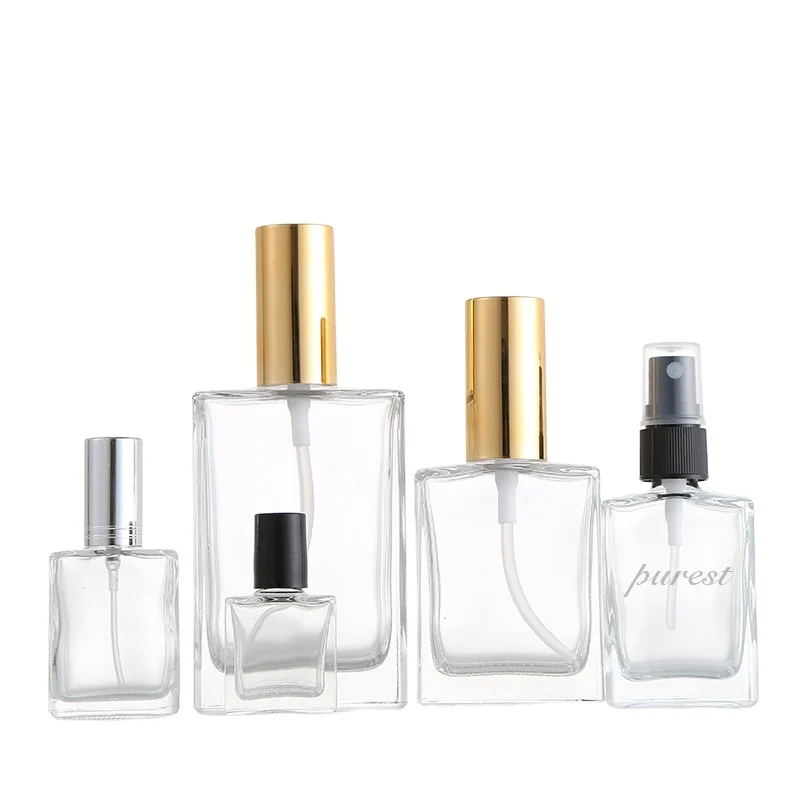 Wholesale empty 30ml 50ml 100ml traditional square thick bottom spray glass perfume bottles with crimp neck