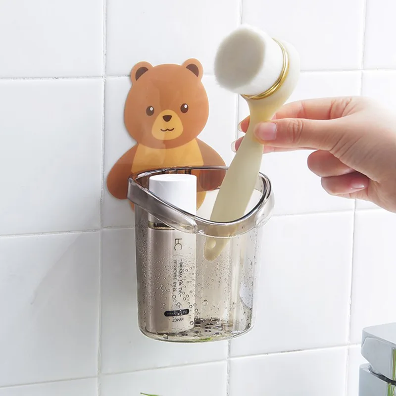 Cartoon Bear Wall Hanger No punching Storage cup bathroom toothbrush holder Toothpaste Organizer