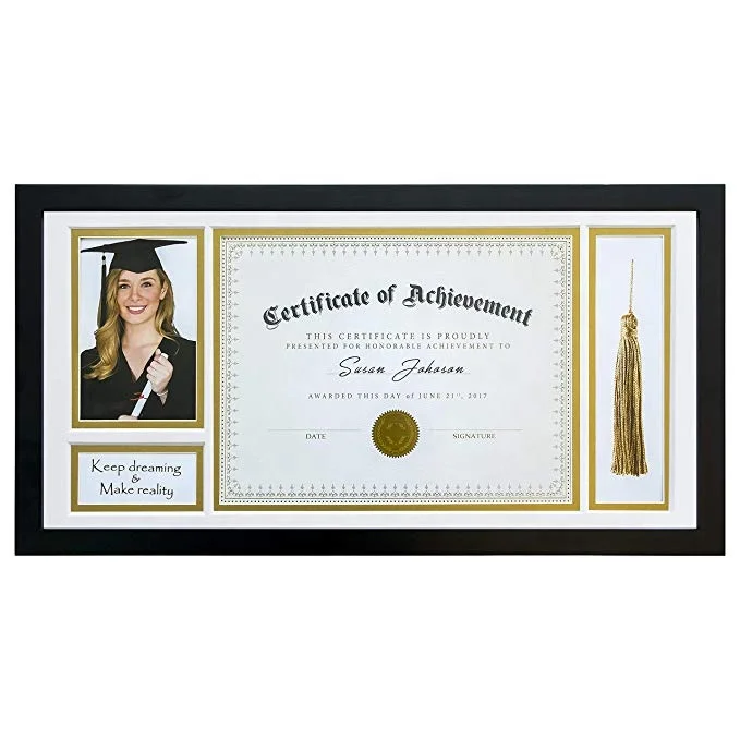 10x20 Custom Black Document Shadow Box Frame for Graduation Tassel Solid Pine Wood Double Gold White Mat