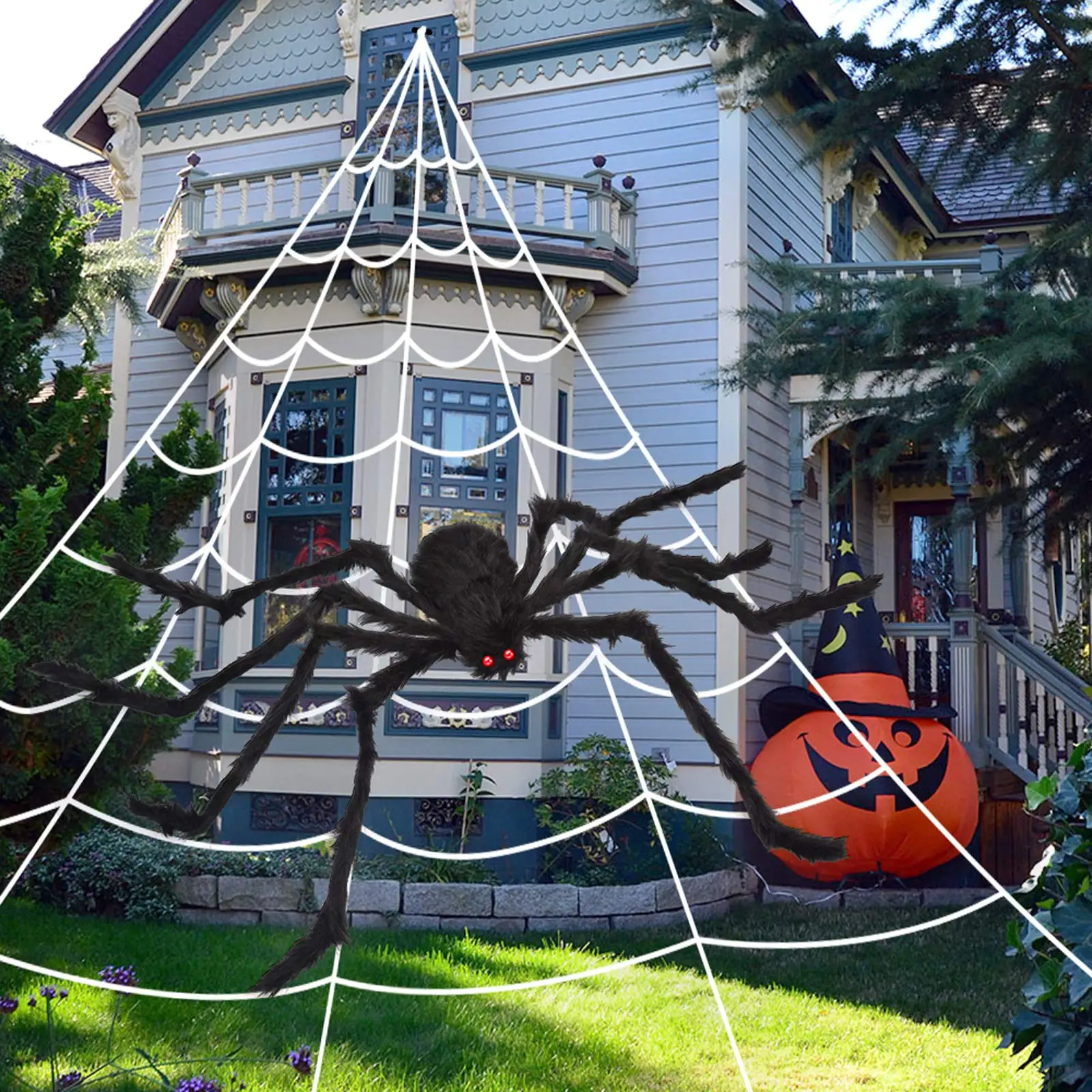 JOYEN Wholesale Spider with Triangular Huge Spider Web for Indoor Outdoor Halloween Decorations Yard Home