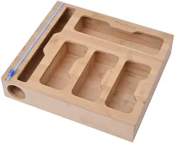 Wall Bamboo Food Ziplock Bag and Plastic Wrap Foil Storage Organizer and Dispenser for Kitchen Drawer