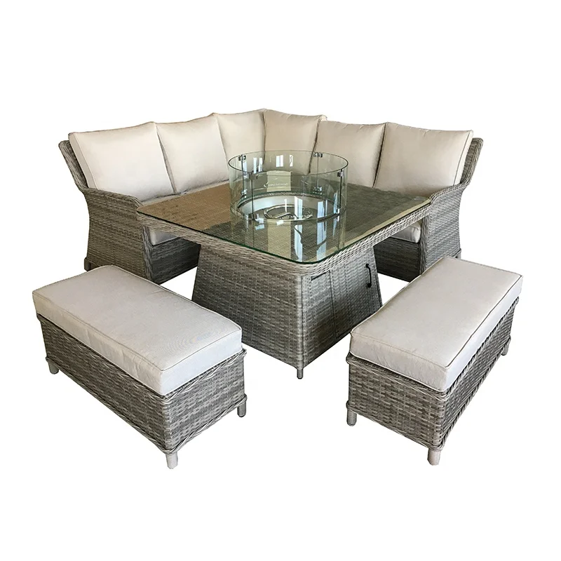 Hot sale Patio Alum Wicker garden Sofa Set With Square Firepit Table Outdoor Rattan Garden Furniture Set