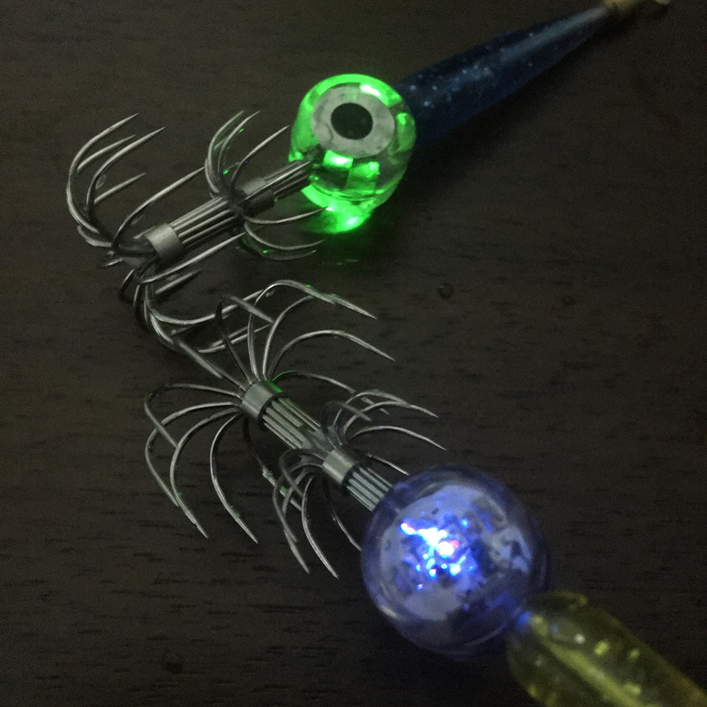 NEW LED Lighted Water Activated Double Squid Umbrella Hook for Saltwater Sea Fishing Octopus Squid