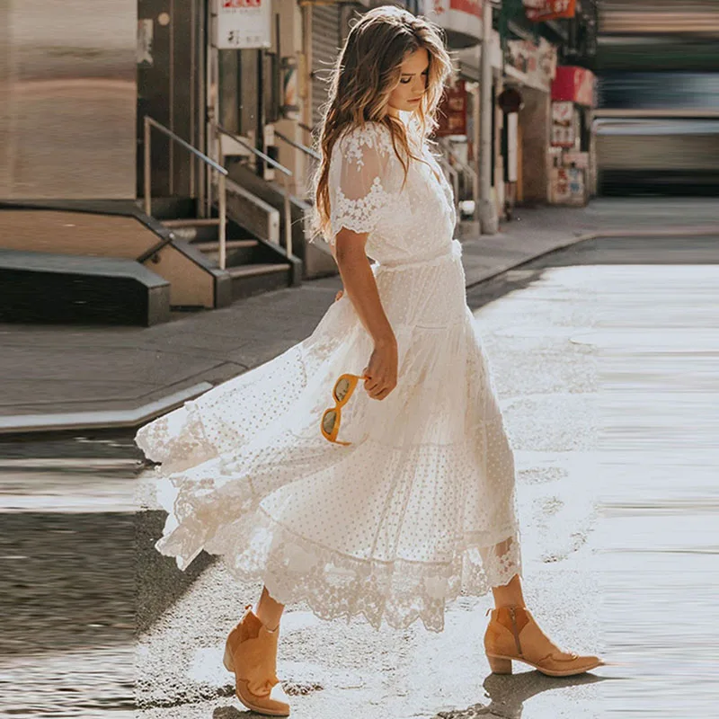 
Party Wear Women Dress White Patchwork Short Sleeve V-Neck Lace Summer Party Dresses For Woman Summer 