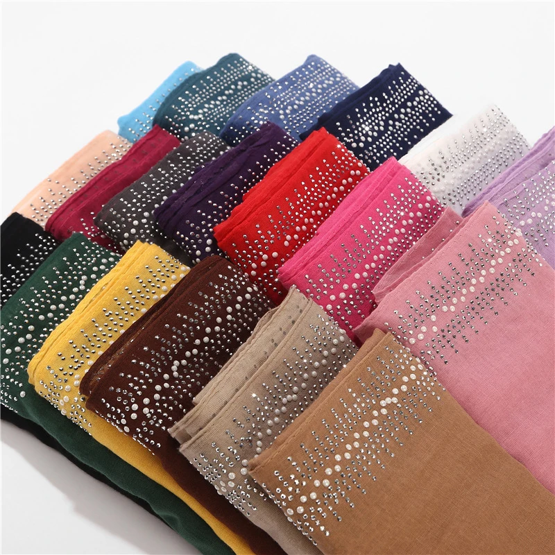 Cotton Hijab Bawal Wrap Glittering Rhinestones for Women Muslim Scarf