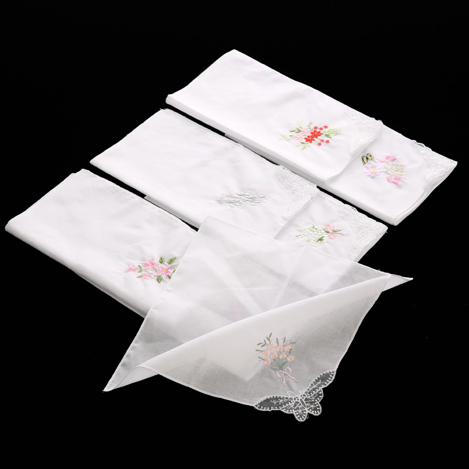 Wholesale White Cotton Fancy Flower Embroidered Lace Edge Handkerchief For Women Ladies