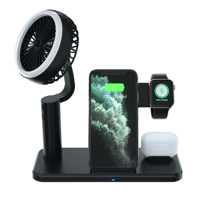 
2021 multi-function QI wireless charger station for mobile phone earphone smart watch with portable fan LED lamp 