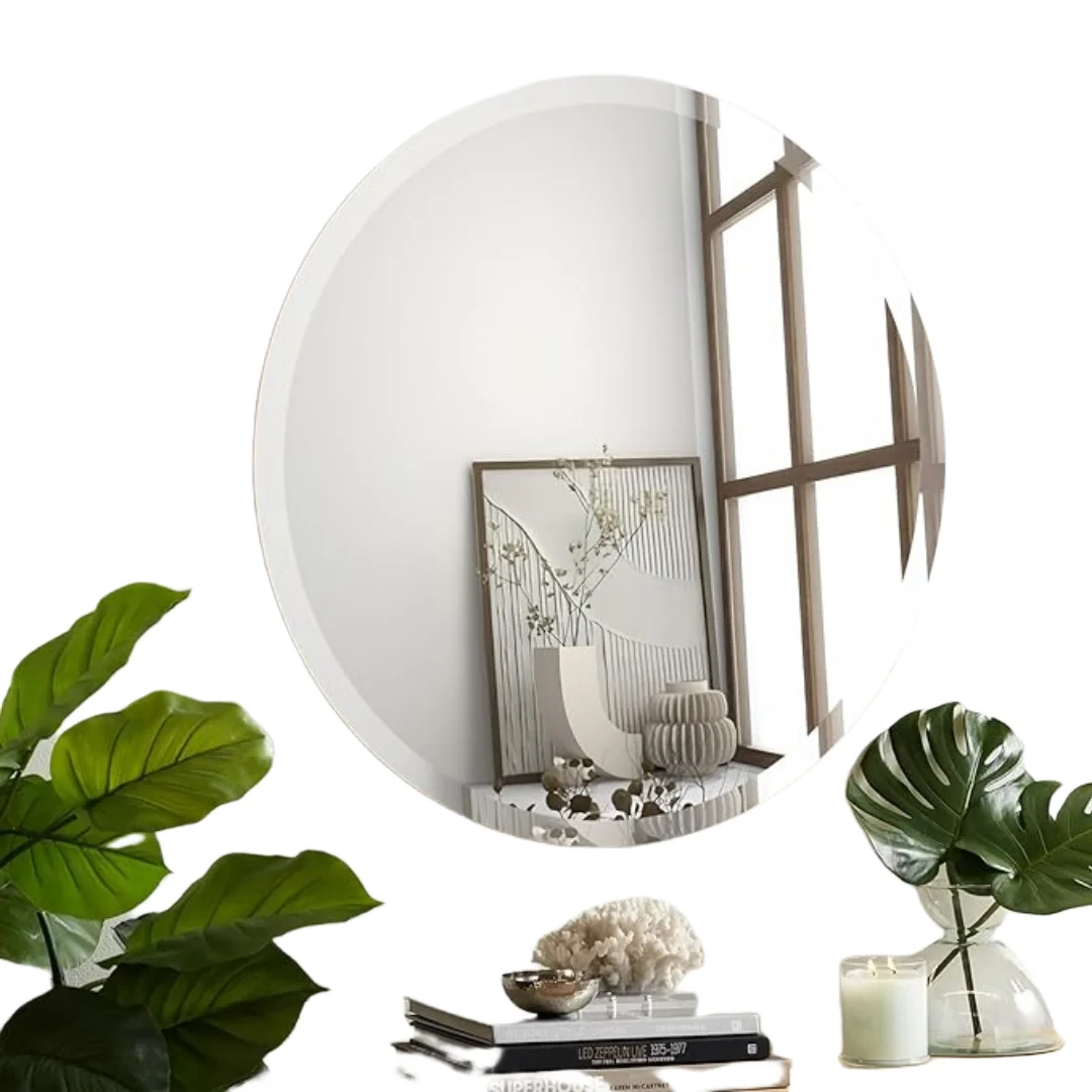 Factory Wholesale Explosion-proof Silver Leaning Border Round/Oval Float Glass Beveled polished Single Glass Bathroom Mirror
