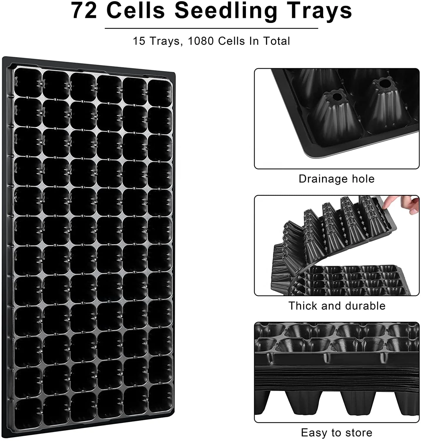 Seed Starter Trays 72 Cells Seedling Trays Kit with 1080 Cells Plant Nursery Pots Plastic Plant Grow Plug Trays Mini Propagator