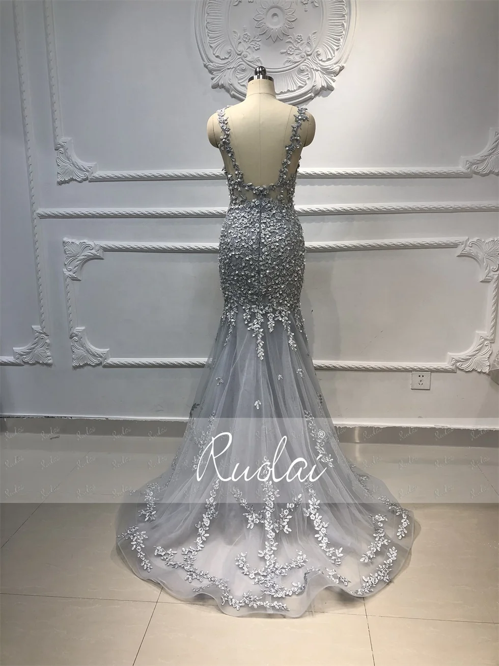 Ruolai LWC6658 Tulle Detachable Train Mermaid 3D Flowers Backless Beaded Mermaid Lace Evening Dresses