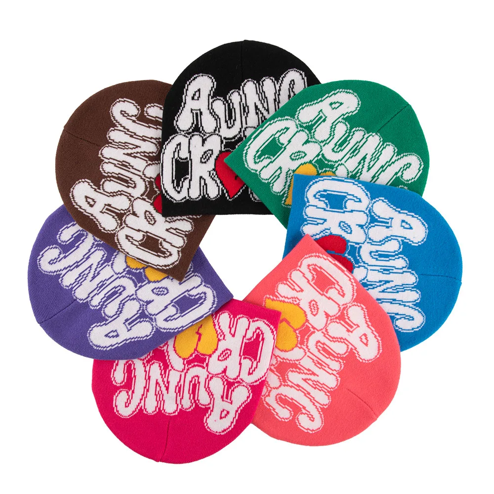 Low MOQ Custom Beanie Manufacturers All Over Print Jacquard Y2K Gothic No Cuff Fold Cuffless Winter Skull Cap Knit Hat with Logo