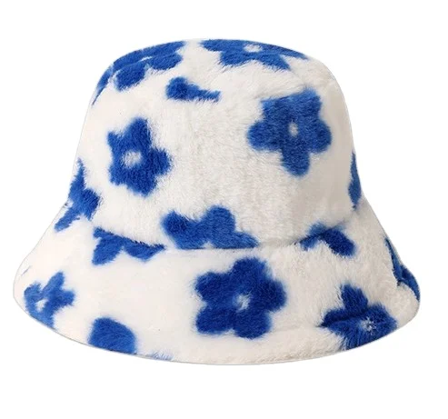 Winter warm Flower fisherman hat rabbit hair bucket hat Autumn and winter outdoor thickened basin hat