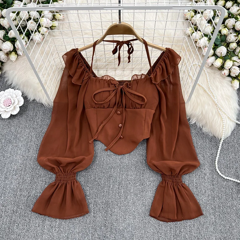 Woman Halter Blouses Ruffles Chiffon Ruched Full Sleeve Crop Tops Solid Color Irregular Spring Fall Shirts Women Clothing Blouse