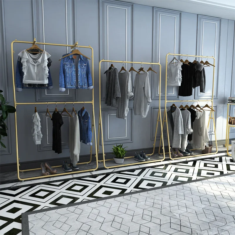 
Nordic clothing store wrought iron display luxury clothing store floor coat rack golden double-layer side hanging rack 