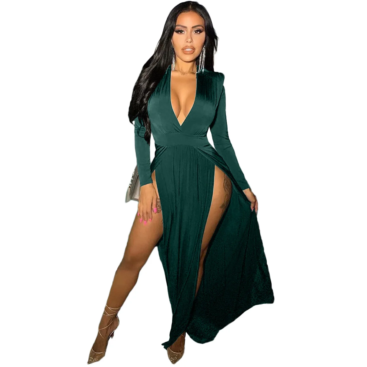 MT40-9265  Hot Selling Sexy Alluring Deep V High Split Evening Gowns Robe Formal Women Long Sleeve Prom Party Dress
