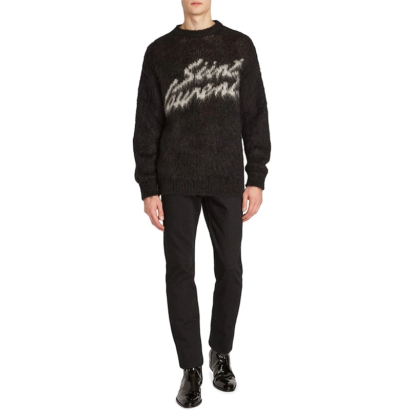 Custom LOGO OEM & ODM men sweater pullover Jacquard pattern crew neck knitwear winter Fuzzy jumps knitted mohair sweater for men