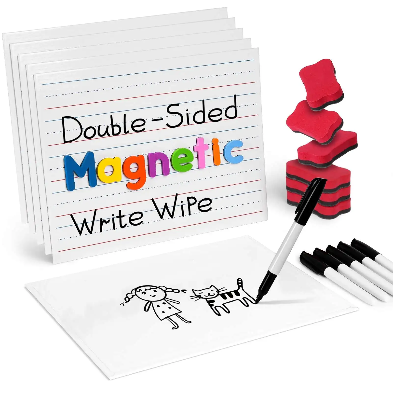 Magnetic Small White Board Set - Double Sided Magnet Dry Erase Ruled Lap Boards 9x12 Lined Whiteboard for Kids Student Learning