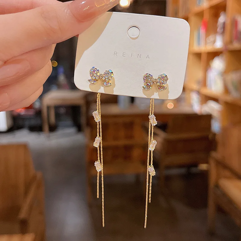 Temperament Fringe Rhinestone Earrings Bling Bling Earrings Bow Fashion Jewelry Stud Earrings