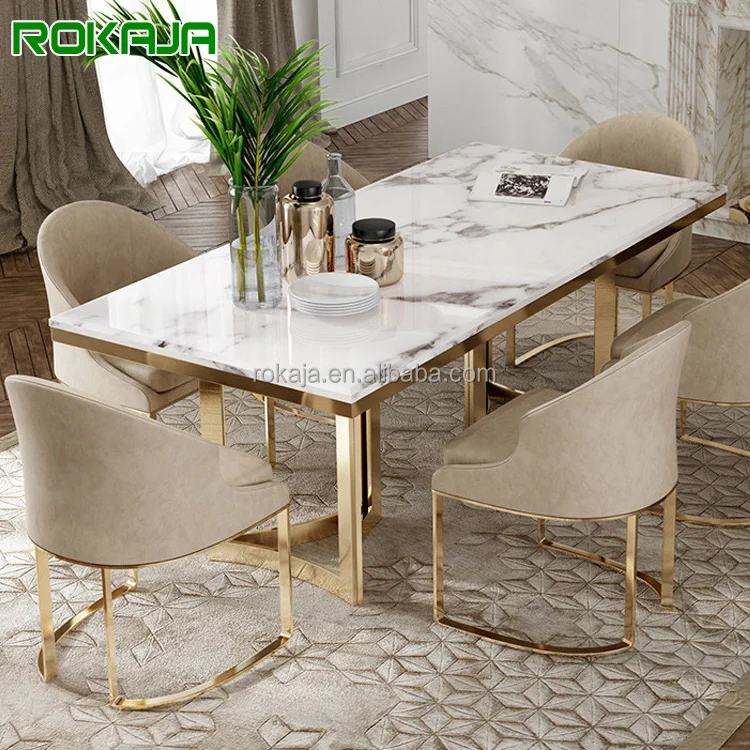 Modern Dining Table Set Marble Top Stainless Steel Luxury Rectangular Dining Table Set 4 6 8 Seater Dining Room Furniture