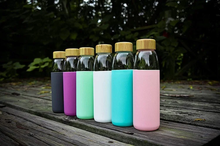most popular products fridge water bottle bamboo lid glass cup with silicone sleeve