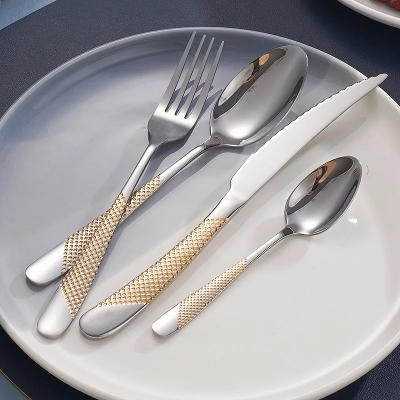 Hammered Silverware Set Stainless Steel Flatware Cutlery Utensils Set for 4pcs Dishwasher Safe
