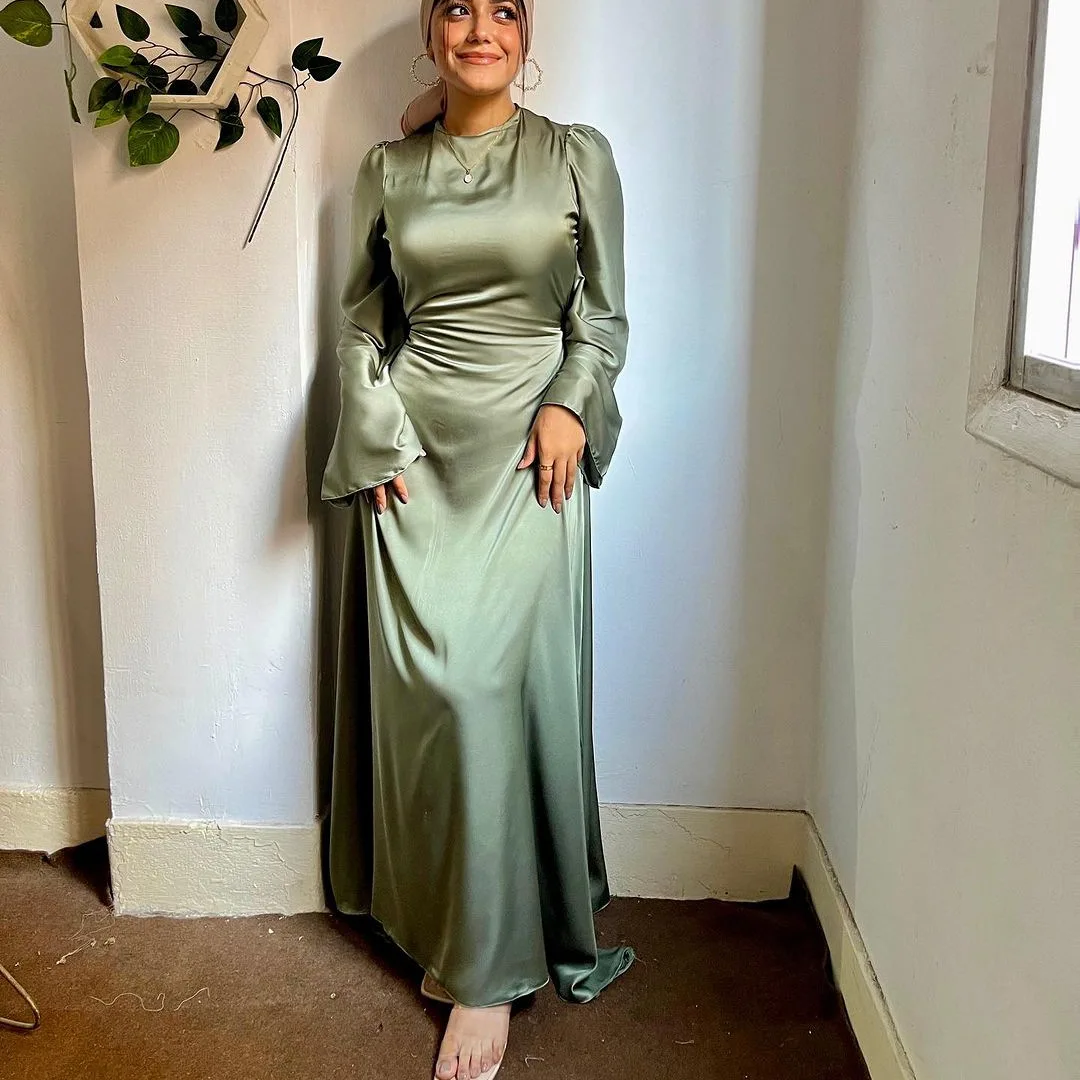 Modest Ethnic Islamic Clothing Robe Zipper Sleeve Dress Tie Back Satin Abaya