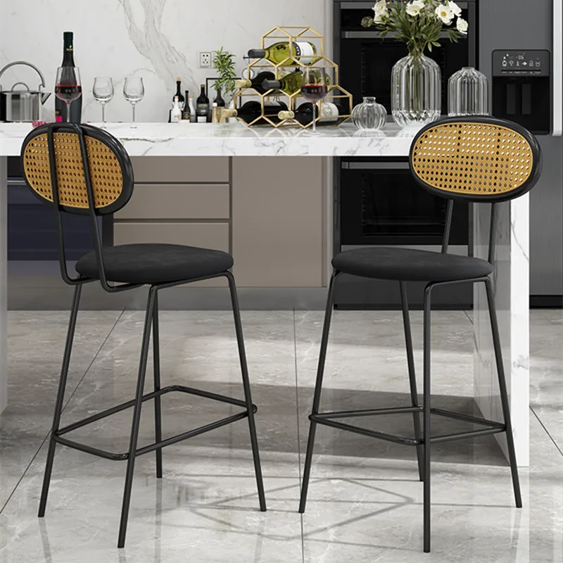 Nordic style bar chairs Modern Rattan dining chair bar stool high chair High Bar Stool For Kitchen  With Beech metal Legs