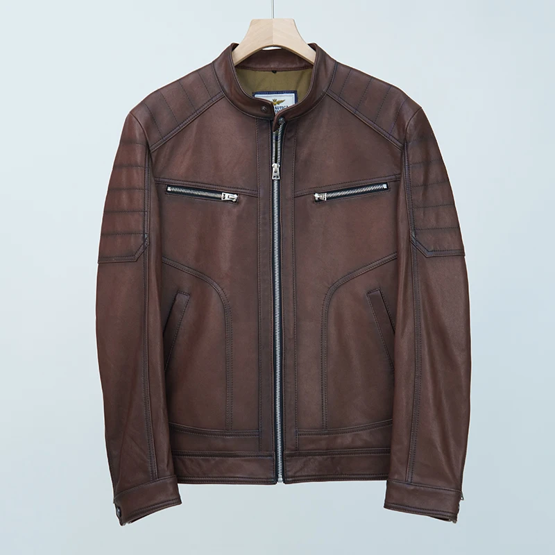 NAFA OEM Mens Vintage Classic Stand Collar Genuine Leather Biker Jacket  with Affordable Price