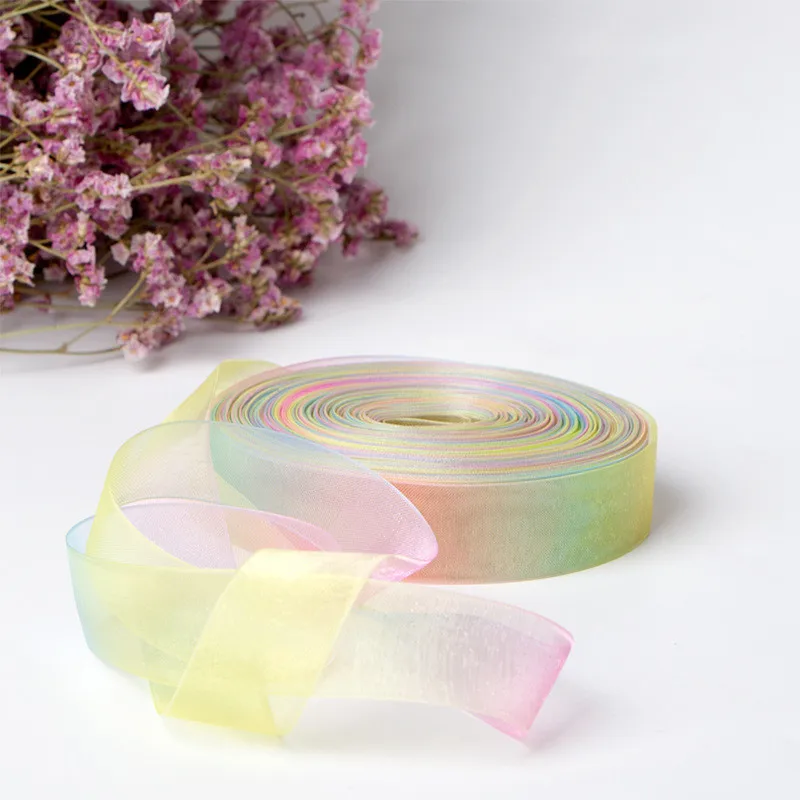 Rainbow ribbon 0.3-7.5cm thermal transfer colorful gradient transparent snow yarn ribbon