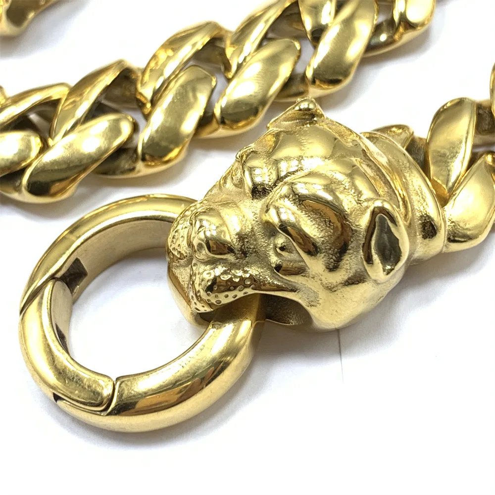 Pet Products Top Seller gold dog collars for pit bull 20mm 32mm luxury heavy duty cuban link chain dog collar gold with metal buckle