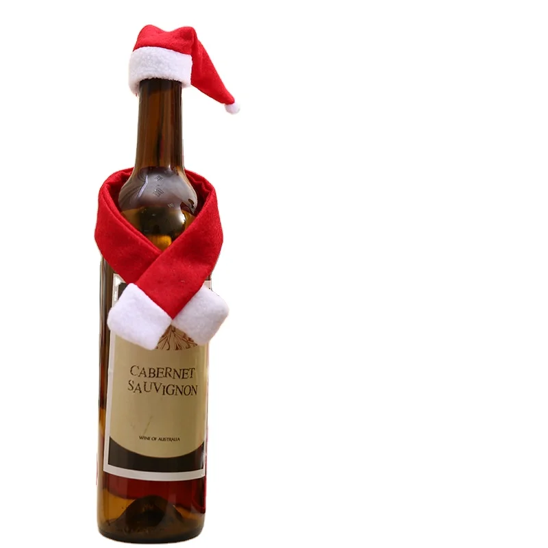 Christmas Creative Household Item Non Woven Mini Cute Scarf Hat Set White Plush Edge Wine Bottle Dress Up Xmas Home Decoration
