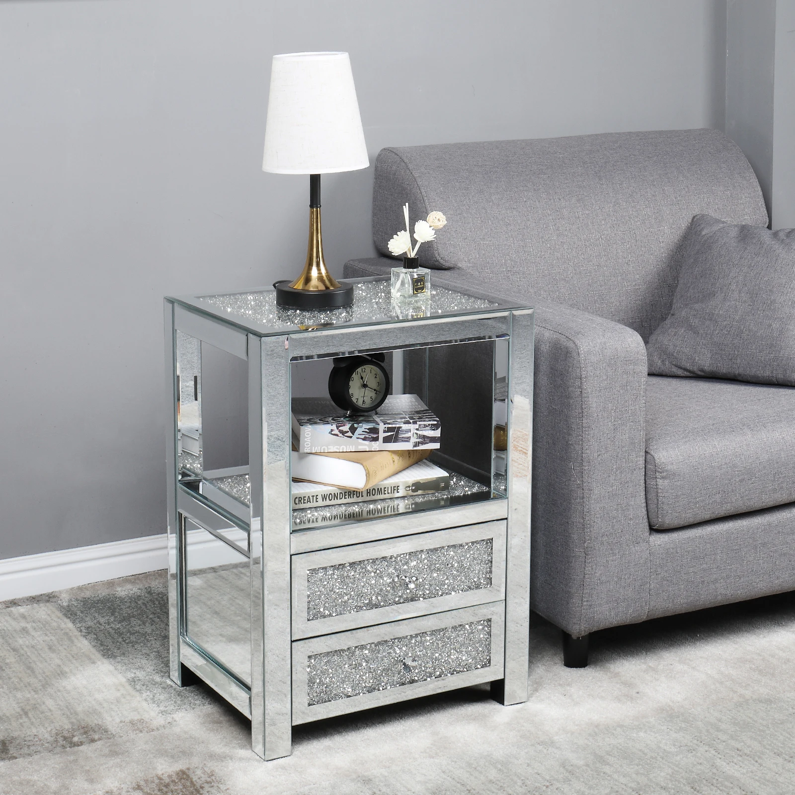 Modern Crushed Diamond Mirrored Nightstand with 2-Drawers Mirror Sofa Side Table End Table Silver Bedside Table for Living Room