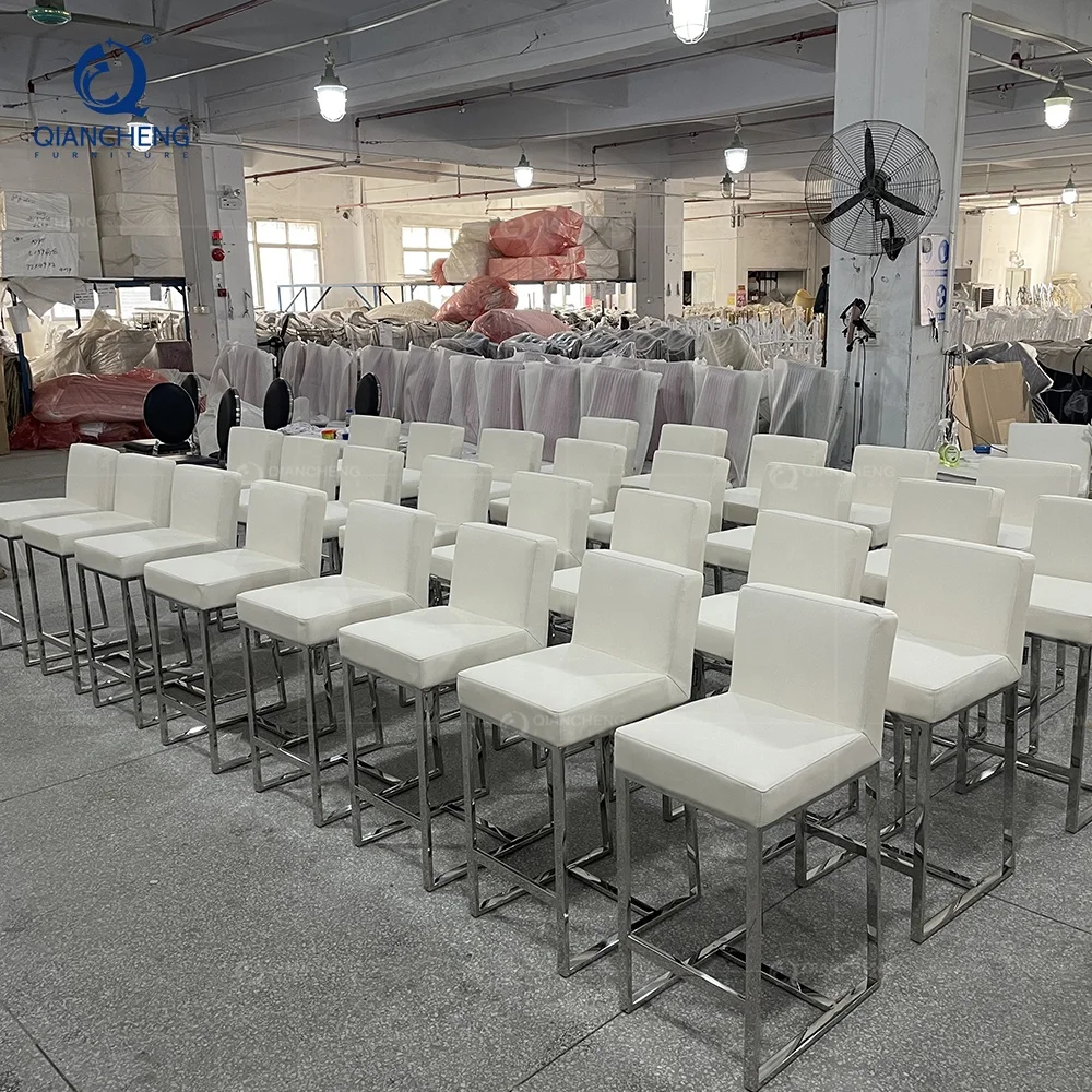 QIANCHENG high quality wholesale 201 304 stainless steel furniture tall high bar chair luxury white leather home barstool