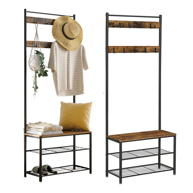 K&B entryway floor wooden coat rack  multifunctional bench coat racks with shoe storage