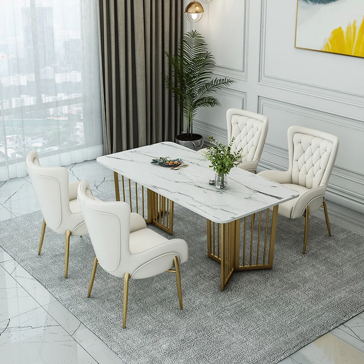 Luxury dining room furniture dining table and chair set with gold stainless steel frame and leather fabric chairs