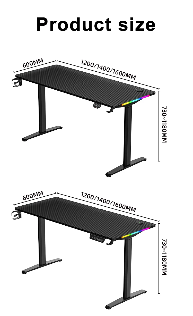 adjustable height gaming desk RGB  Light Racing PC Electric Computer Carbon fiber surface gaming table with led lights
