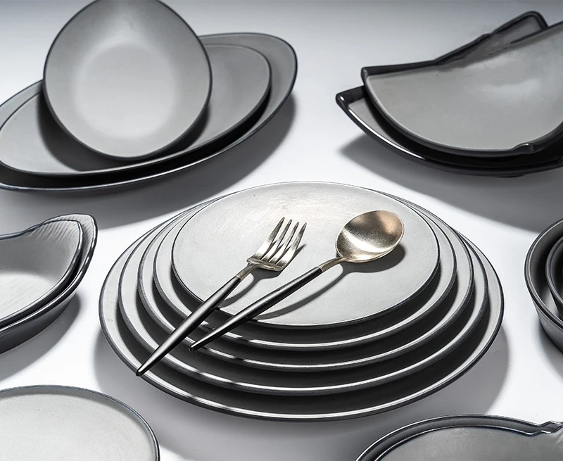 Restaurant Unbreakable Black Gray Frosted Disc Melamine Flat Plates Dishes Set for Western Food Steak