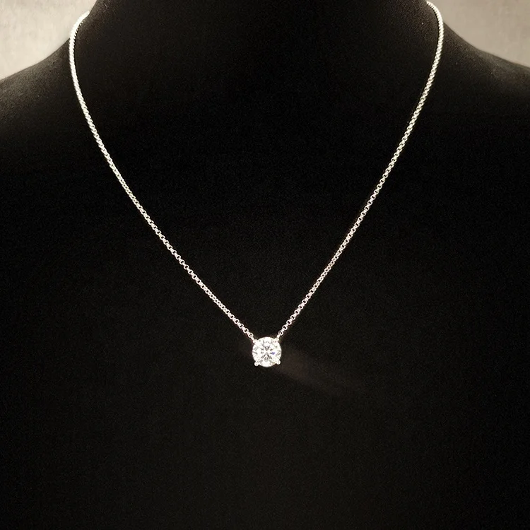 Fine Jewelry Rhodium Plated 925 Sterling silver Round Brilliant Moissanite Diamond Simple Solitaire Pendant Necklace Women