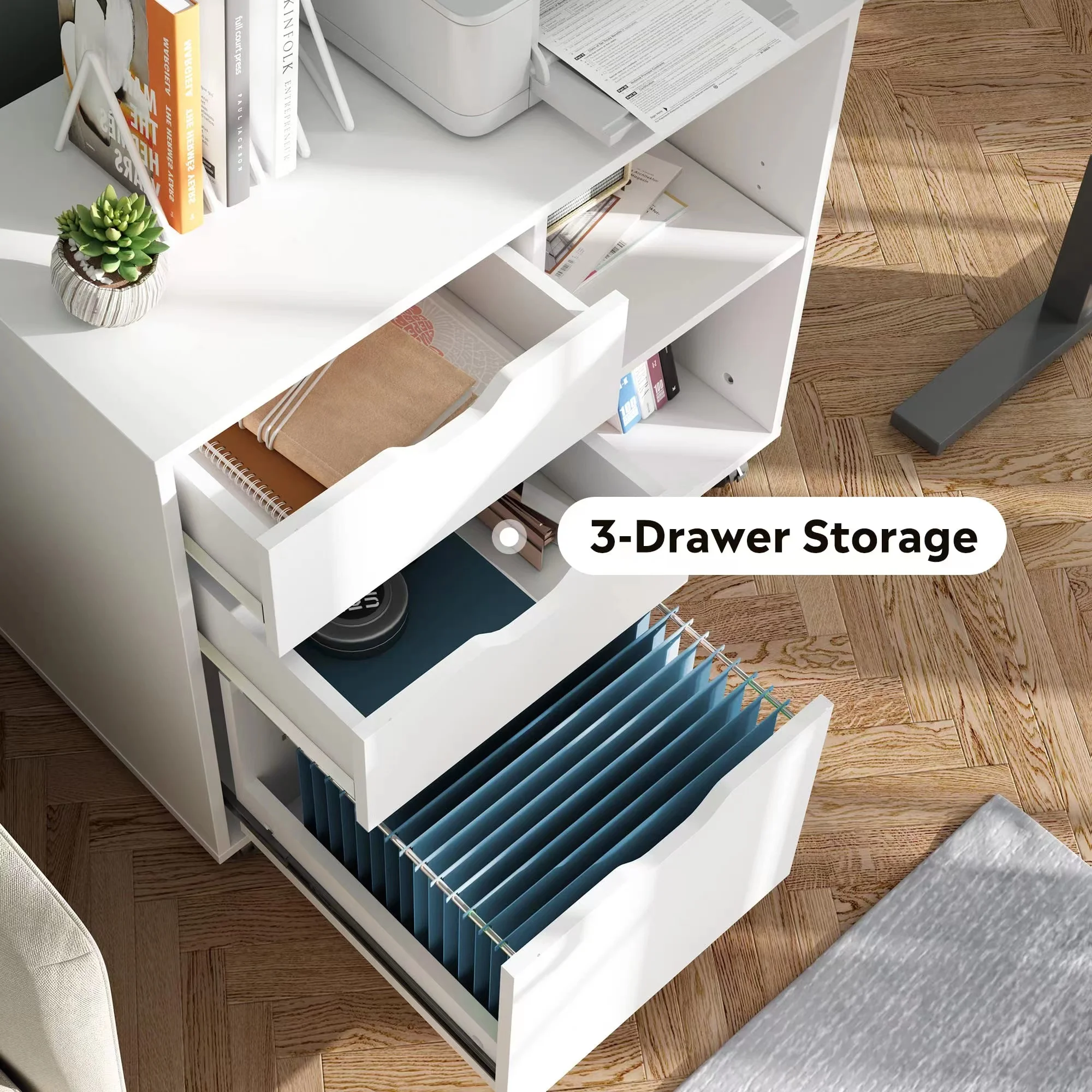 DEVAISE 3-Drawer Wood File Cabinet, Mobile Lateral Filing Cabinet, Printer Stand with Open Storage Shelves for Home Office
