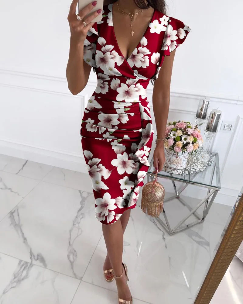 Sexy V-Neck Slim Office Lady Dress Ruffle Short Sleeve Bodycon Knee-length Dresses For Women 2024 Casual Summer Woman Work Dress