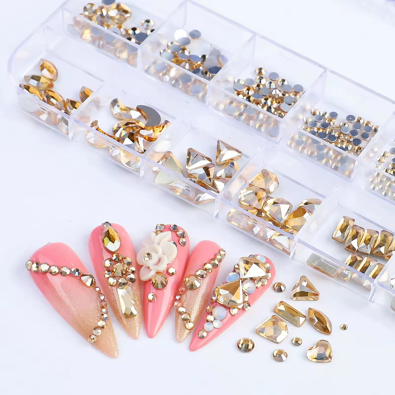 B9 Wholesale 12 Grid Flatback nail rhinestone Multicolor Various shaped Nail Art Rhinestones for DIY press on tips