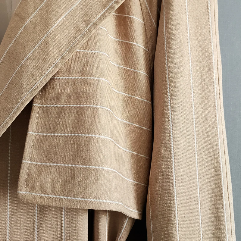 
Spring Fall New Design Ladies Long Wind Coat Vertical Stripe Trench Coat 