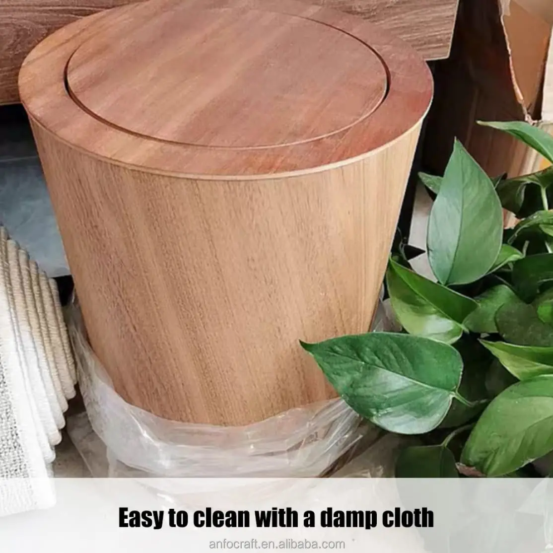Modern Round Trash Can with Lid Wood Grain Waste Basket in Walnut Small Garbage Can for Bedroom Living Room  Office  Bathroom
