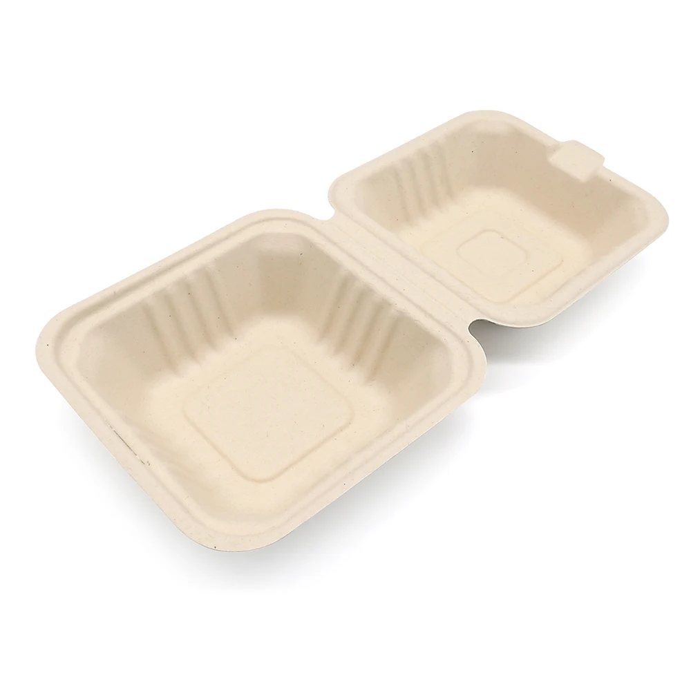Eco Friendly Restaurant Biodegradable Takeaway Box Packaging Bagasse Clamshell Box Hinged Food Container Sugarcane Box