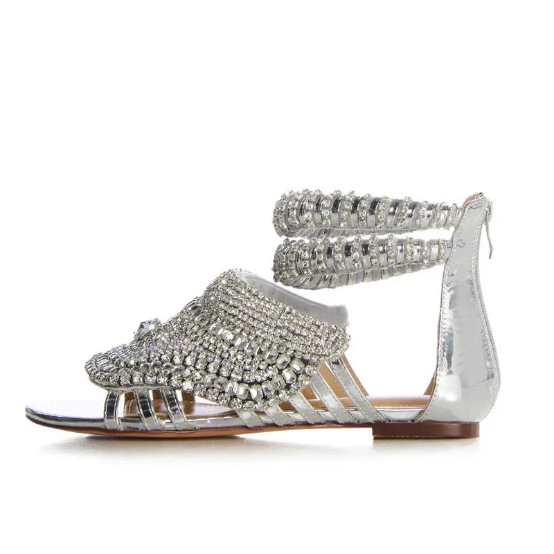 Roman Styles Footwear Silver Diamonds Flat Sandals Women Back  Zipper Flat Heels Girls