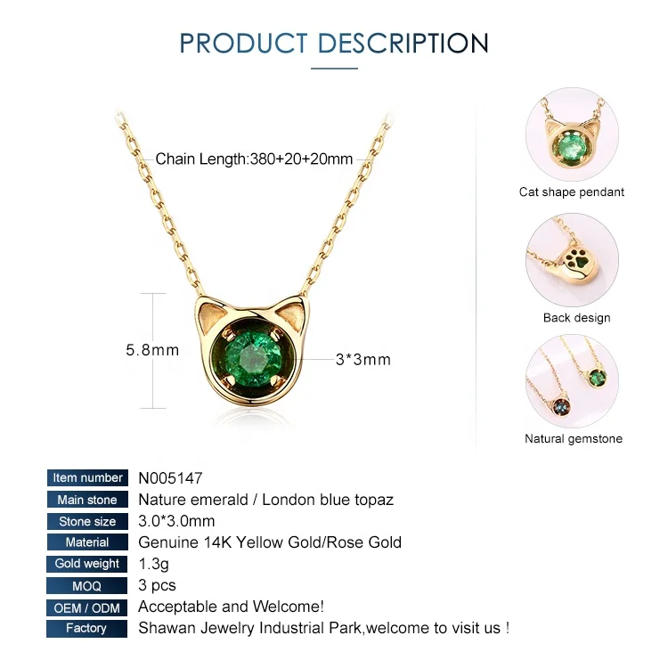 Luxury Natural Gem Jewelry Real 14K 18K Solid Rose Gold Emerald Pendant Necklace for Women