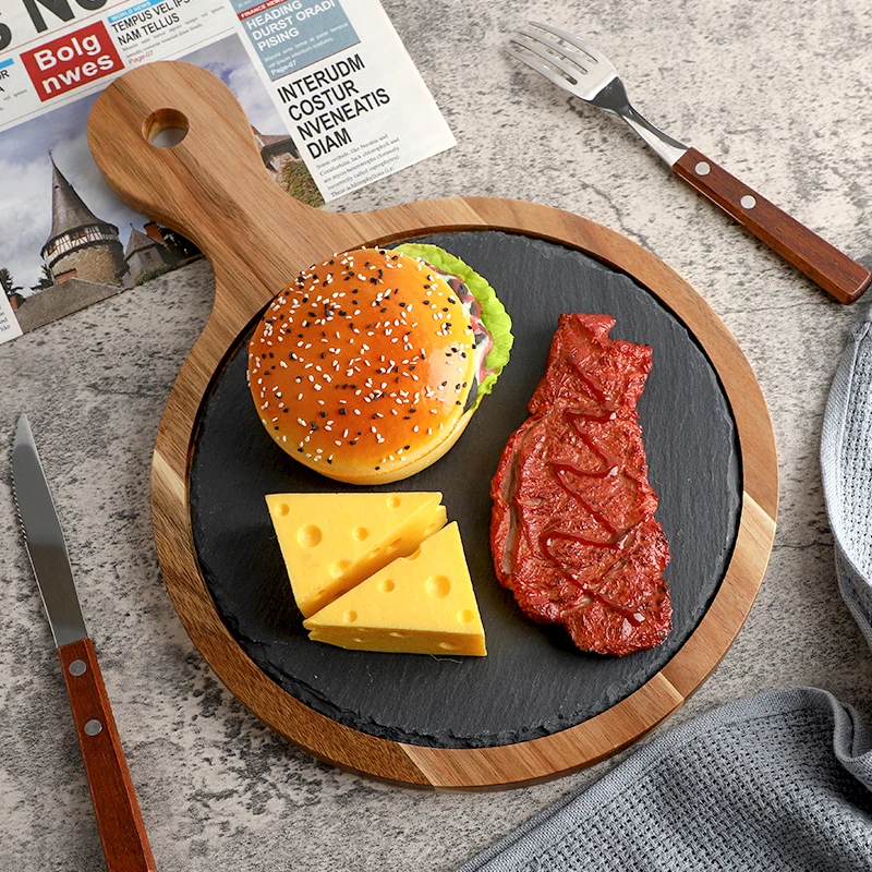 2024 Source factory kitchenware cutting board natural stone slate wood food tray hotel restaurant wooden serving