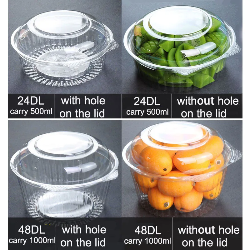 24oz 48oz Disposable Round Fruit Box Transparent Salad Bowl High-grade Plastic Fruit Container With Lid With Hole Non-hole