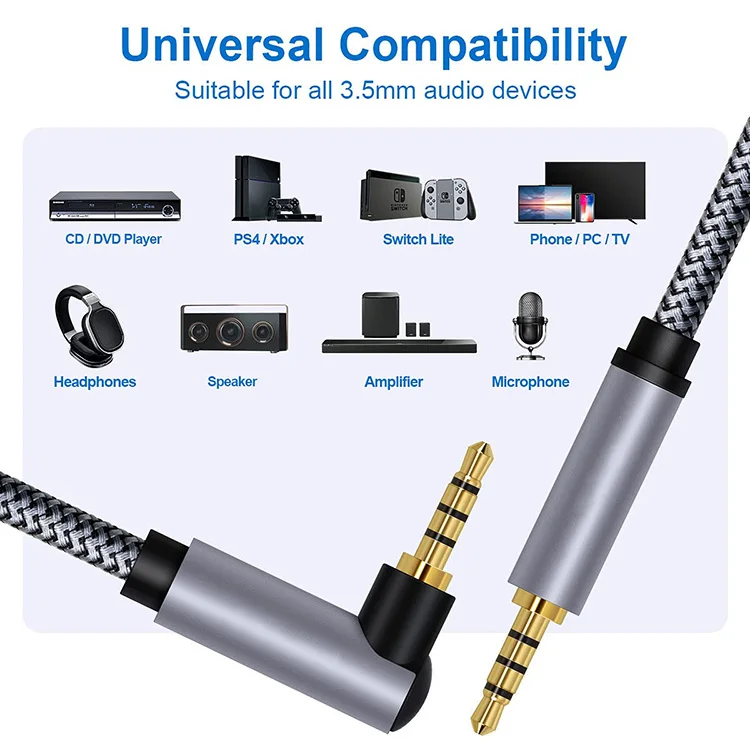 Hot Selling Nylon Jack Aux Cable 3.5mm to 3.5mm Audio Cable Male to Male female Gold Plug Car Aux Cord