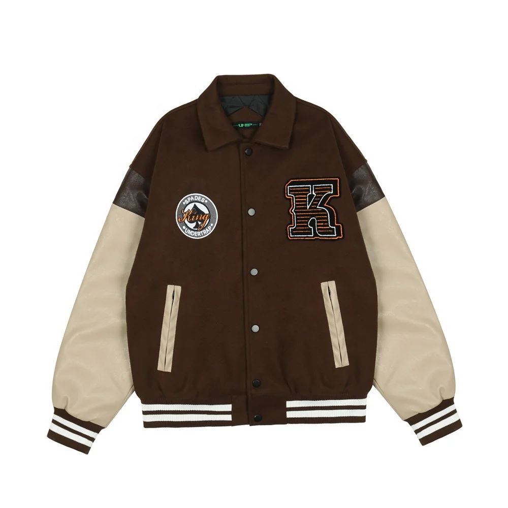 Wholesale Custom Logo Embroidery Patterns Leather Sleeves Single Breasted Baseball Bomber Men Varsity Jackets
